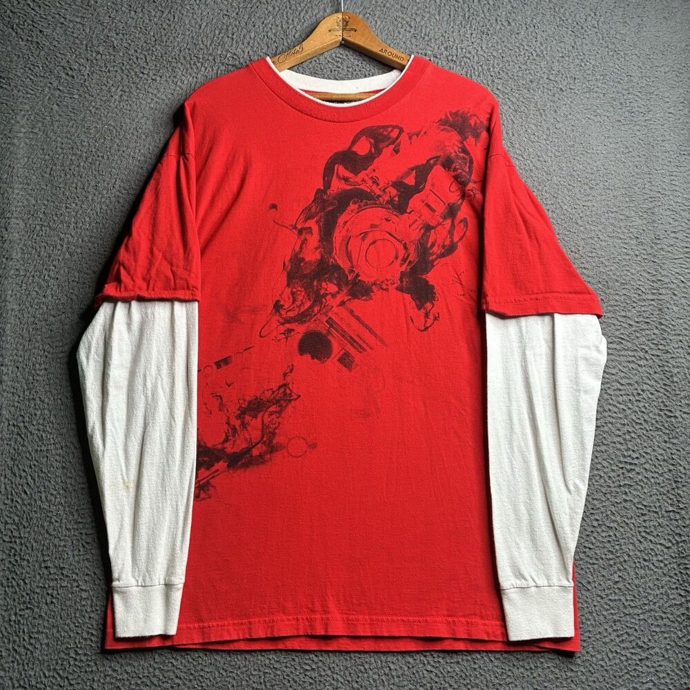 Hybrid Tees T-Shirt Mens XL Red Cyber Goth Graphic Layered Long Sleeve Y2K
